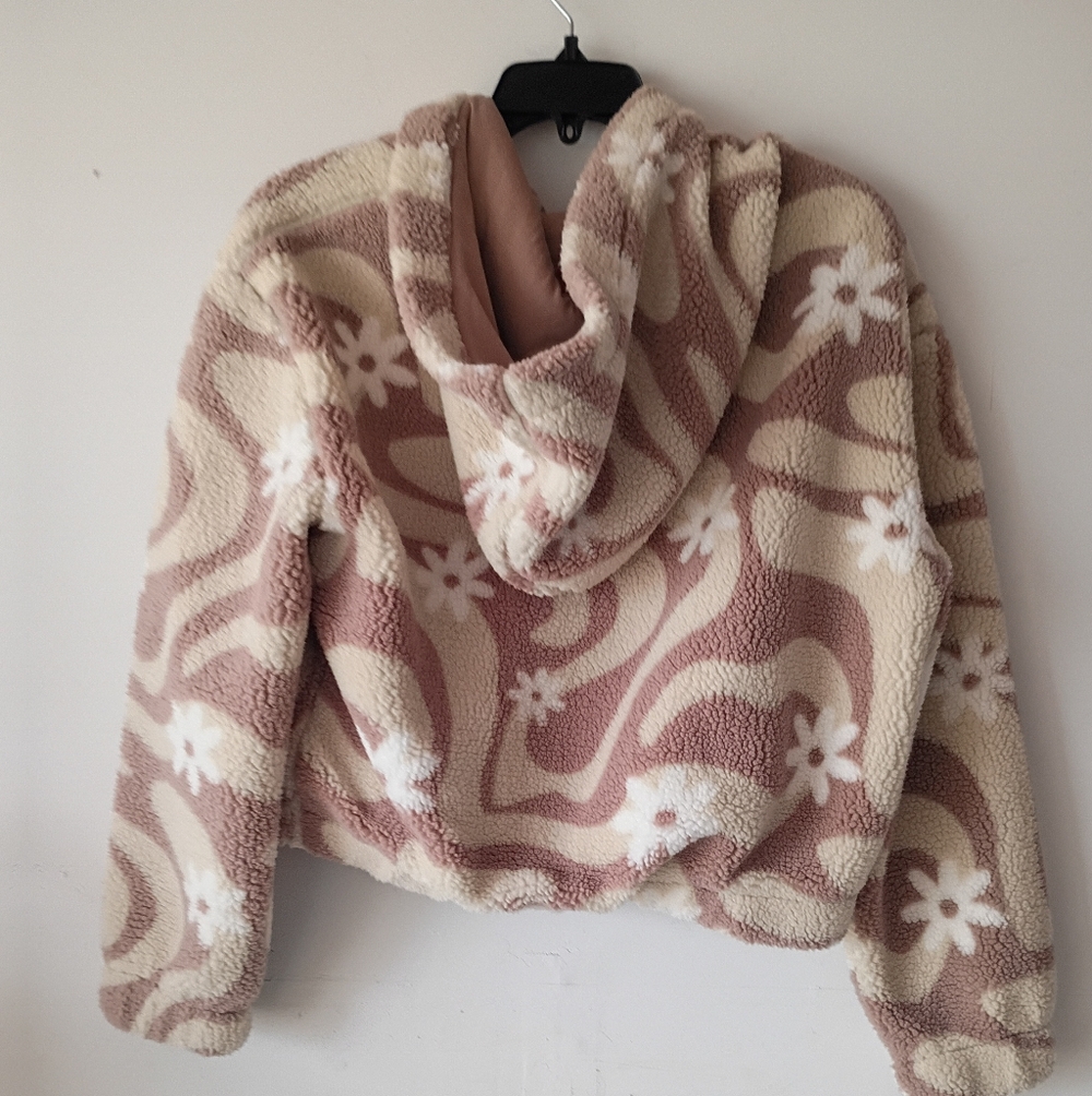 Wild Rose Sherpa Hoodie Women Small Mauve Cream Floral Swirl Zip Up Jacket - Picture 9 of 10